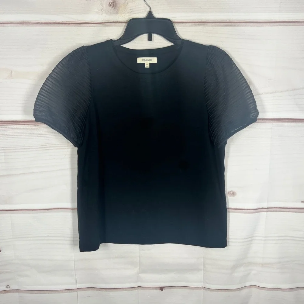 Madewell Puff Sleeve Top Womens XS Black Round‎ Neck Solid Knit Pullover T-Shirt